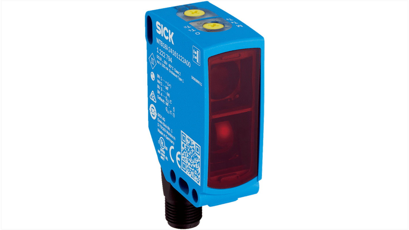 Sensore fotoelettrico rettangolare Sick WTB16P-24161122A00 con IO-Link, rilevamento fino a 1000 mm, montaggio a pannello.