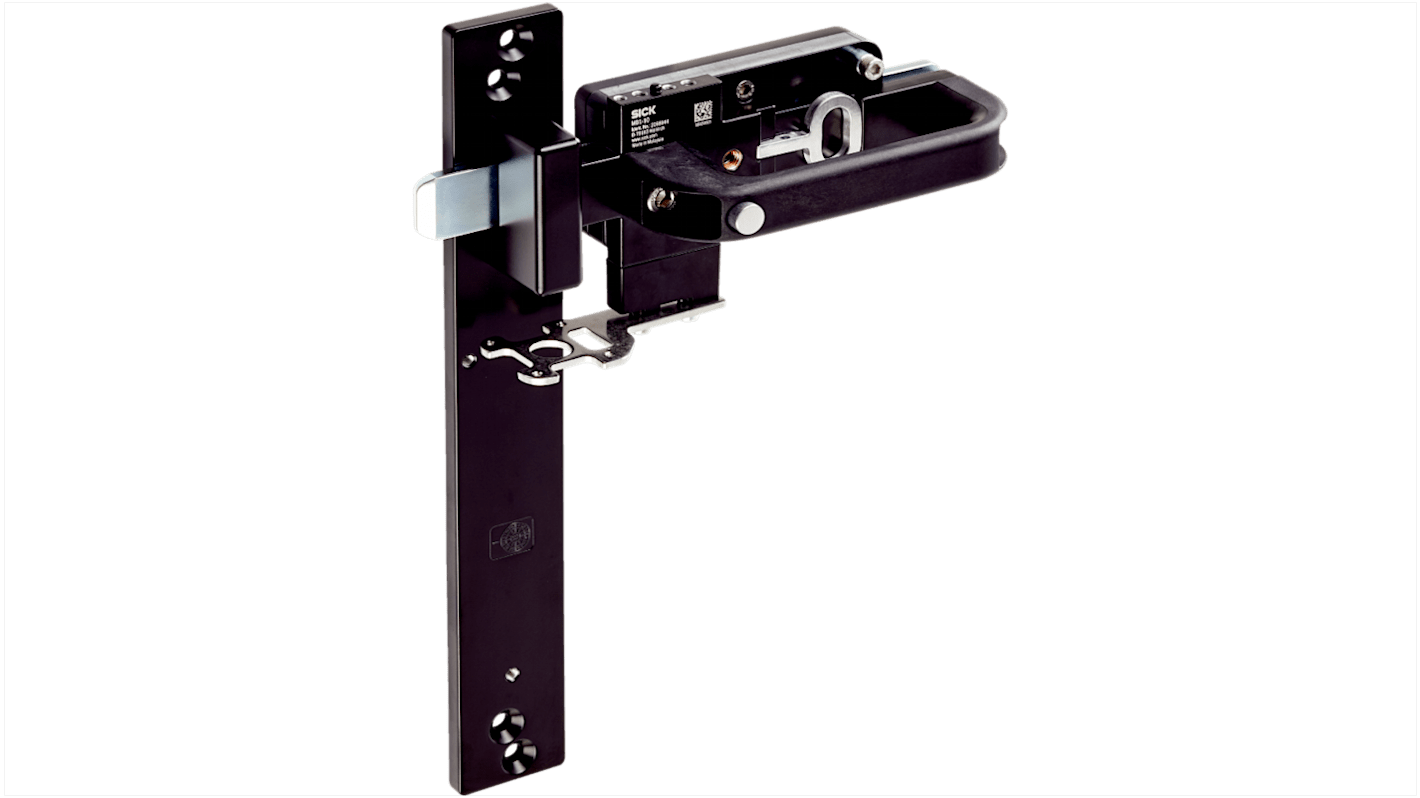 Interruttore di sicurezza Sick MB1-BT10 con chiavistello meccanico, design robusto, tolleranza orizzontale di 27 mm e compensazione verticale di 7 mm. Adatto per porte incernierate, offre opzioni di blocco meccanico e sblocco di emergenza.