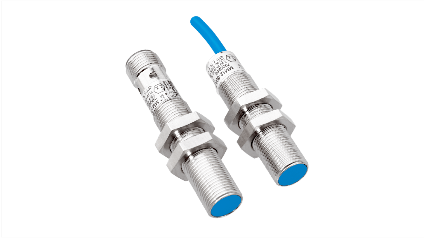 Sensore di prossimità magnetico cilindrico Sick MM12-70A-N-ZW0, rilevamento fino a 120 mm, IP 67, dimensioni 50 x 12 mm.