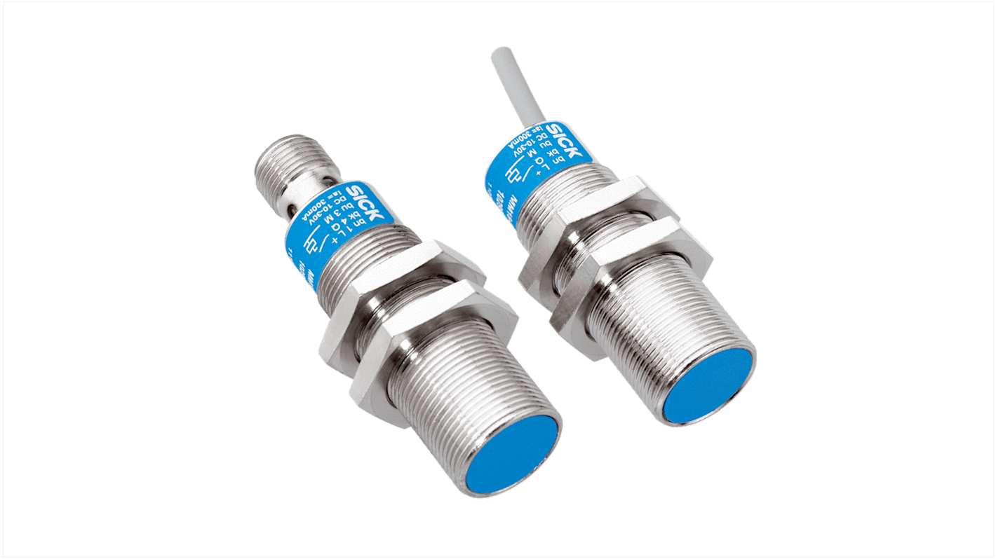 Sensore di prossimità magnetico cilindrico Sick MM18-00APS-ZUA, IP 67, 200mA, 30V cc, dimensioni 50 x 18mm, rilevamento di magneti.