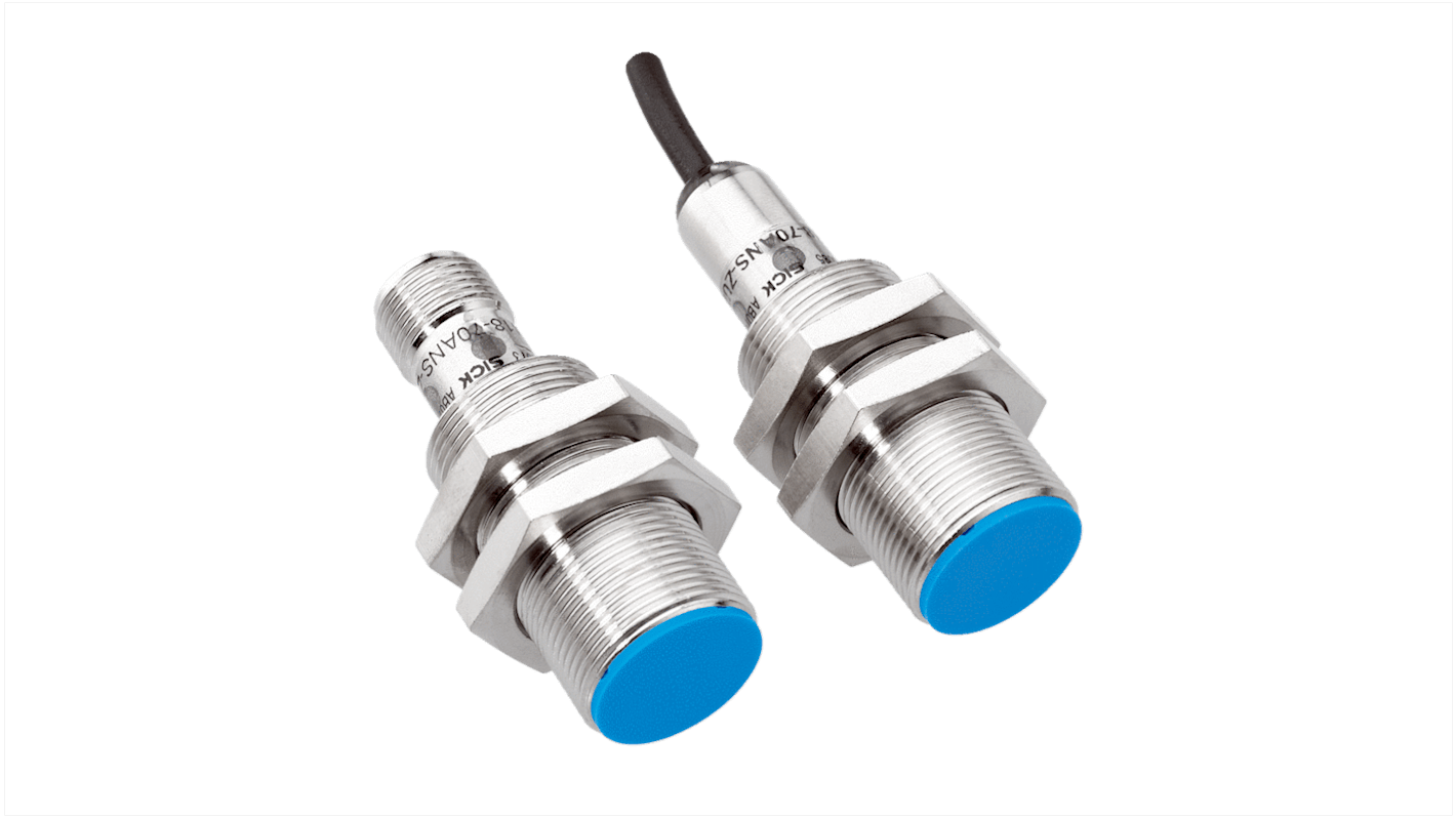 Sensore di prossimità magnetico cilindrico Sick MM18-70APO-ZCK, IP 67, 200mA, 30V cc, dimensioni 50 x 18mm, rilevamento di magneti.