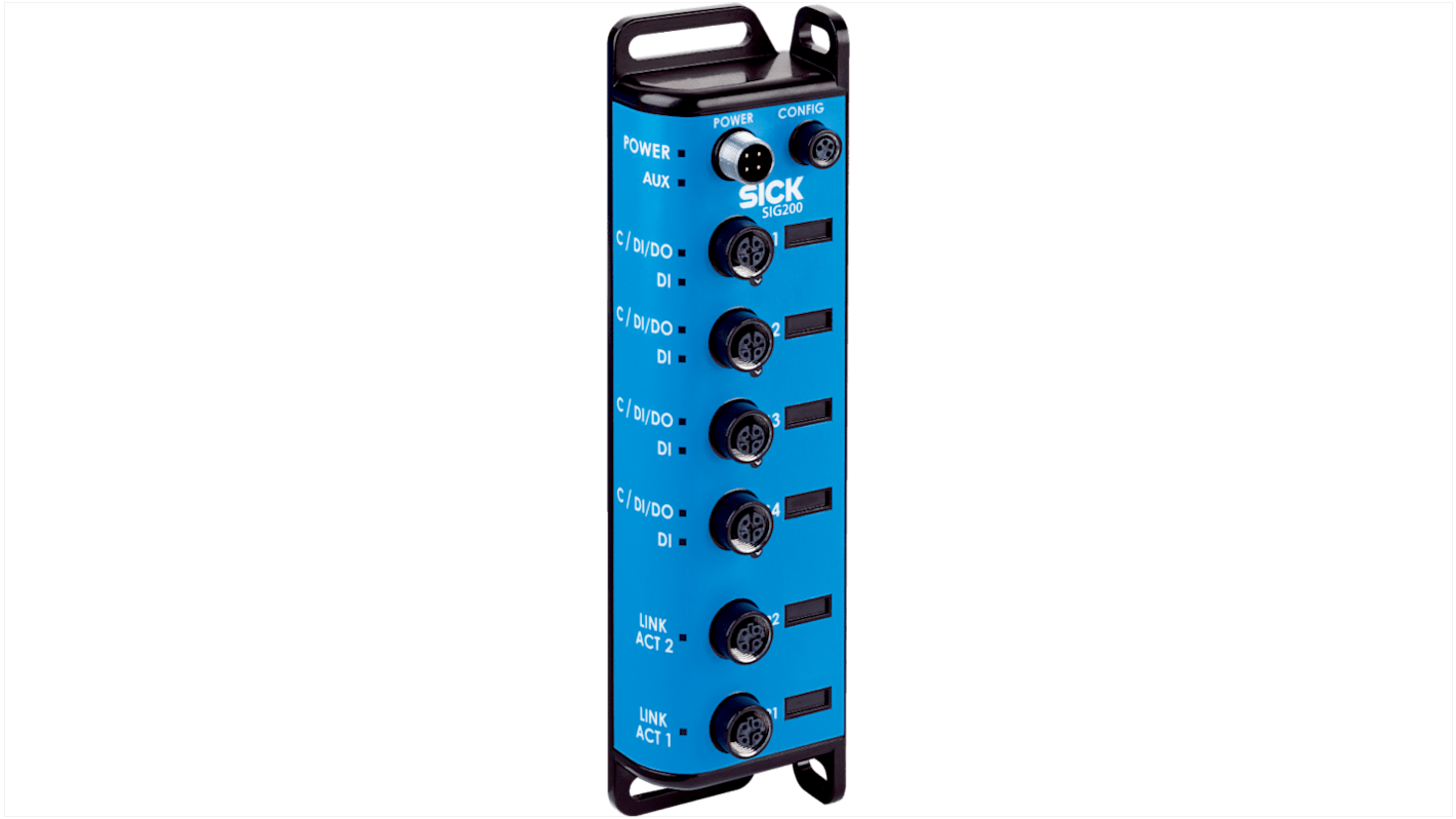 Torretta di segnalazione Sick SIG200-0A0G12200, master IO-Link, 4 porte, IP67, alimentazione 10-30 V CC.