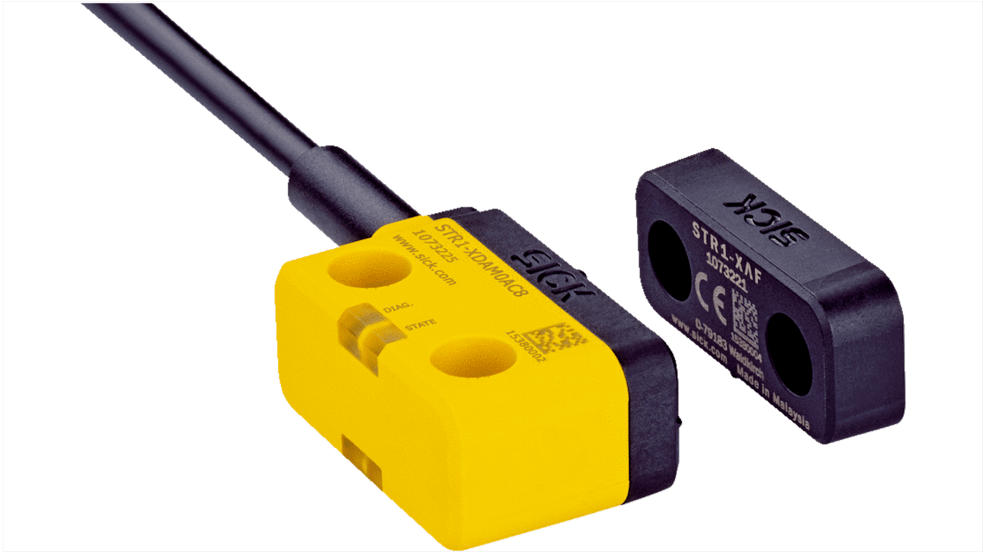 Interruttore di sicurezza Sick STR1-SAFM10P8, IP67/IP69K, dimensioni 40x18x26mm, attivazione da tre lati, compatibile con attuatori codificati.