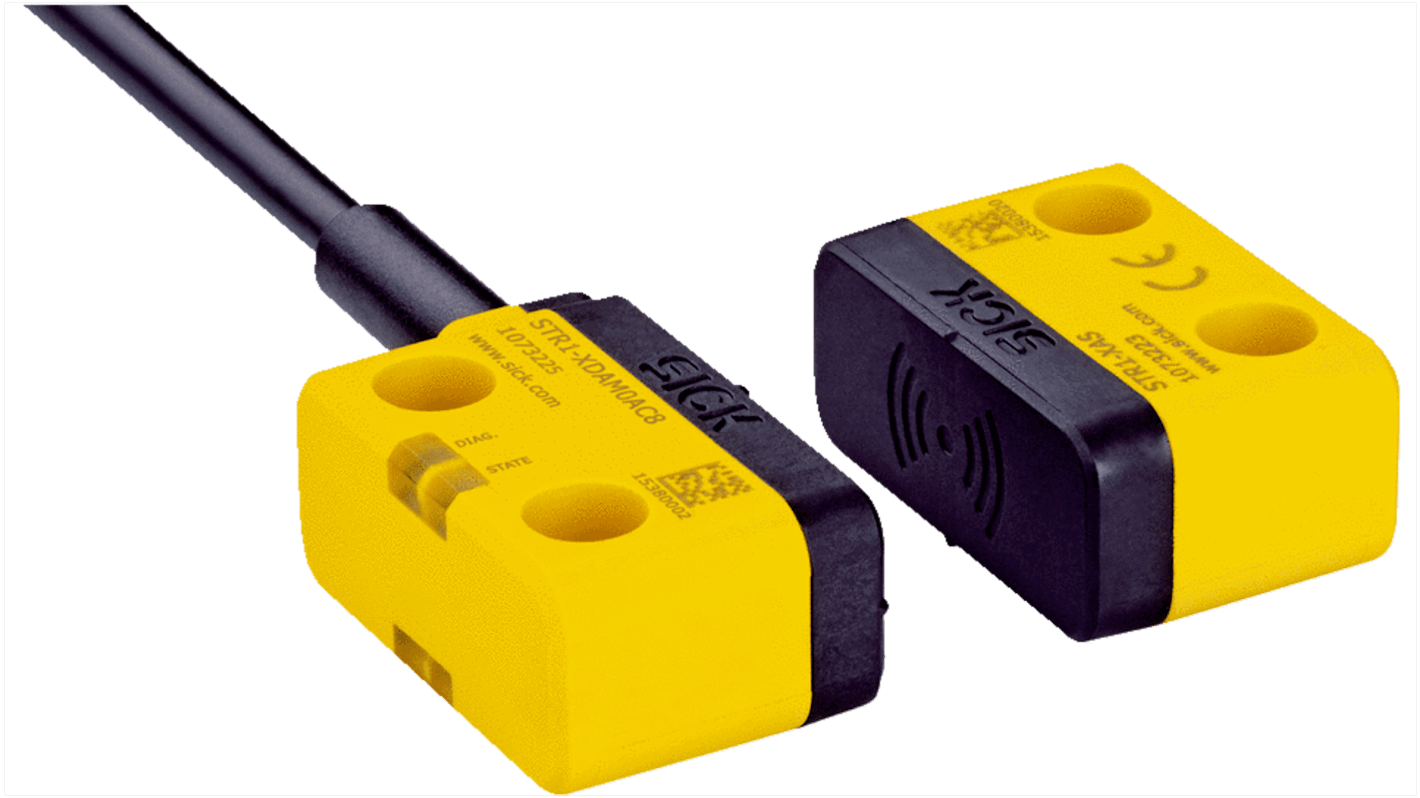 Interruttore di sicurezza Sick STR1-SASF10P5, grado di protezione IP67/IP69K, dimensioni 40 x 18 x 26 mm, operatività -30°C/+70°C.