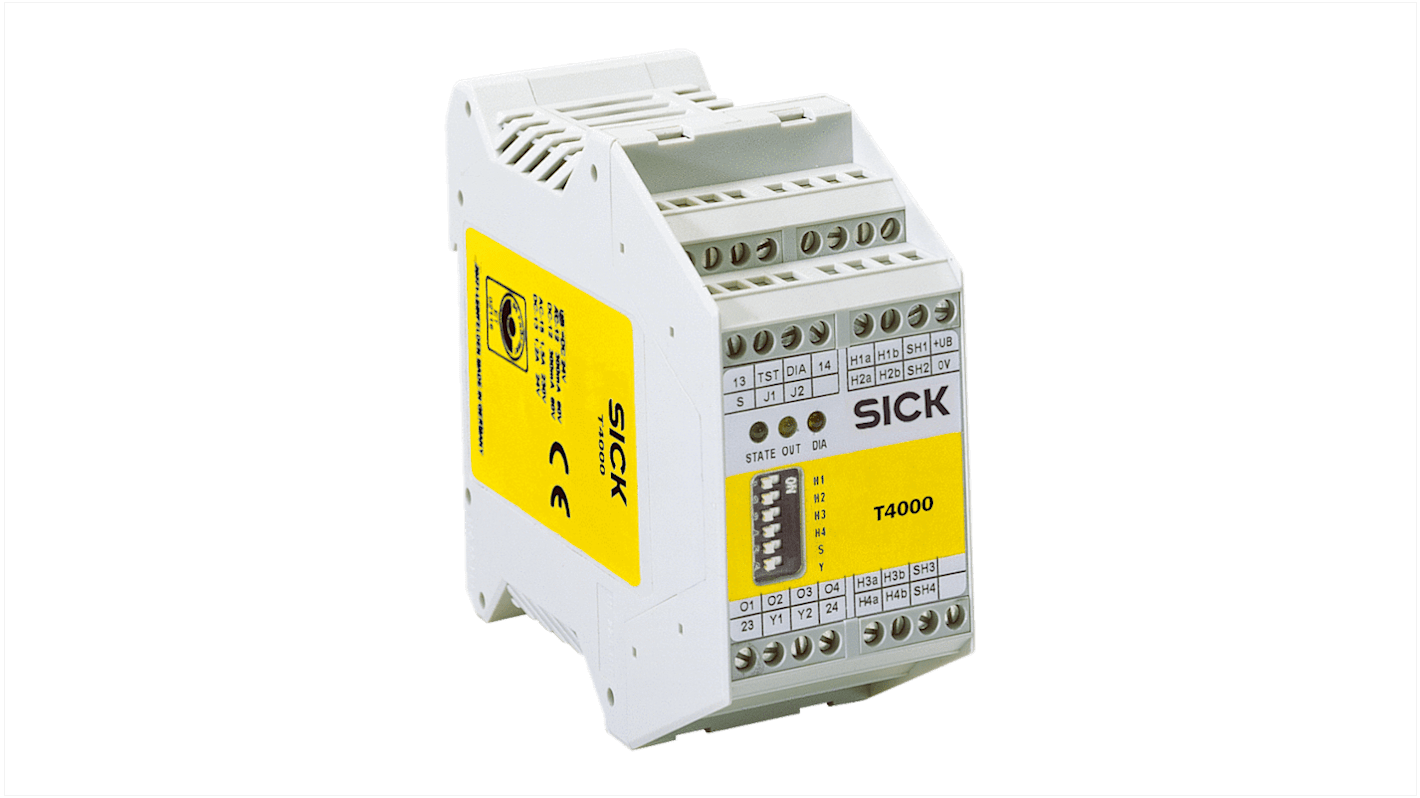Interruttore di sicurezza Sick T4000, IP20, 24V cc, dimensioni 45 x 114 x 99 mm, montaggio salvaspazio, conforme a EN ISO 13849.
