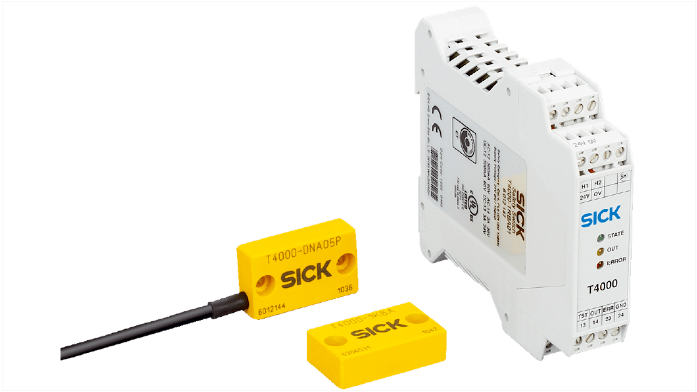 Interruttore di sicurezza Sick T4000-DNAC, design compatto IP67, dimensioni 25 x 42 x 12 mm, temperatura operativa -25/+70 °C.