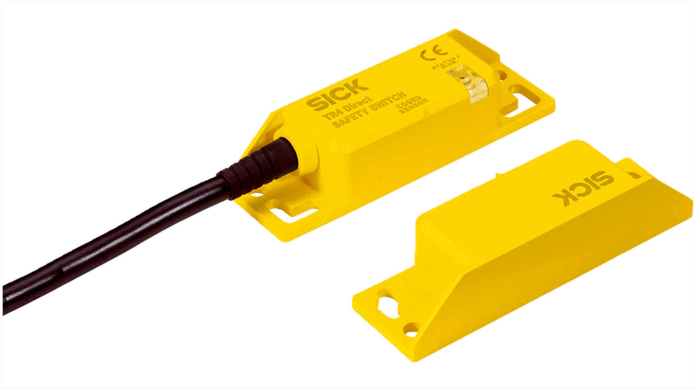 Interruttore di sicurezza Sick TR4-SDU10PB, IP67/IP69K, 24V cc, 200mA, dimensioni 25x88x20mm, con attuatore e LED di stato.