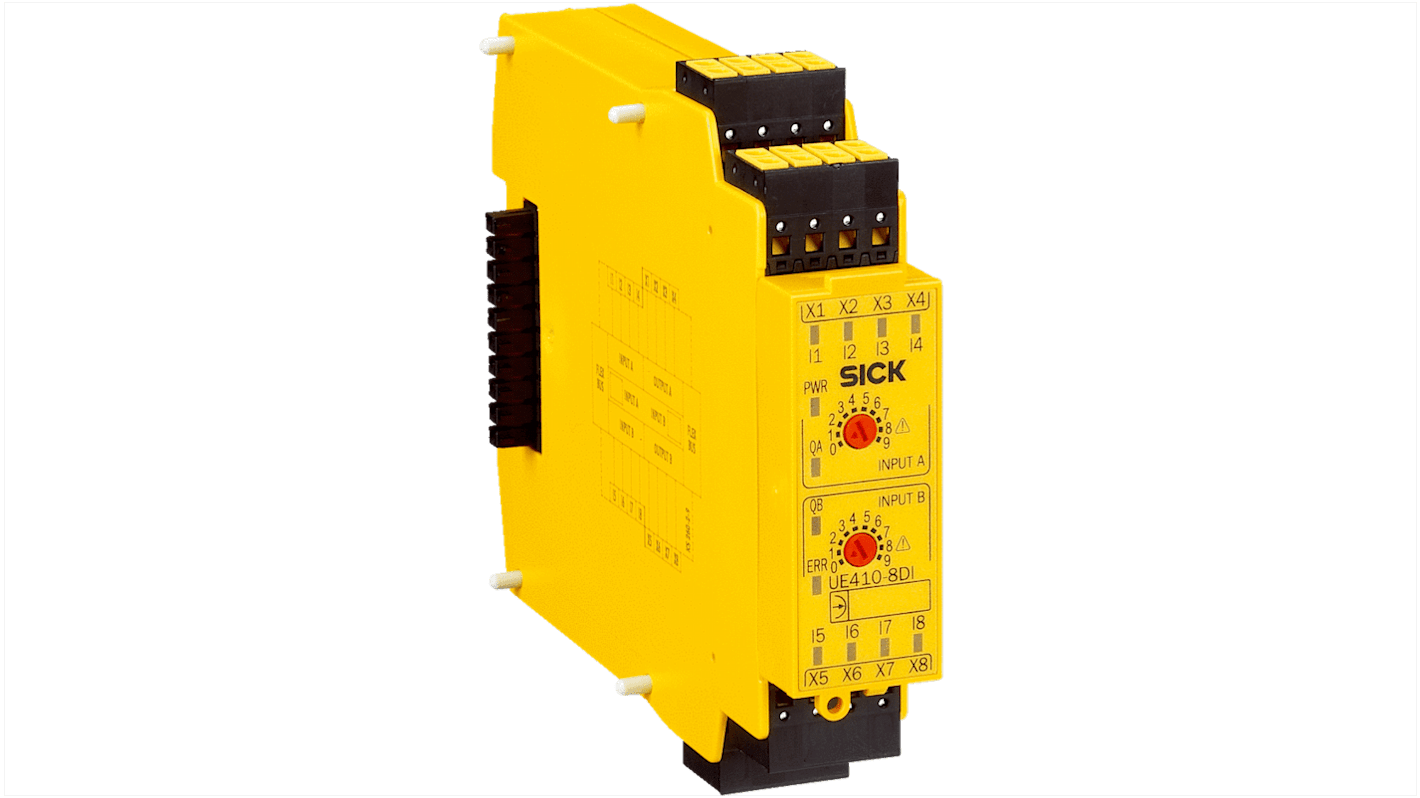 Controller di sicurezza Sick UE410-8DI4, 8 ingressi/uscite, IP20/IP40, dimensioni 22,5 x 96,5 x 120,8 mm, configurazione semplice.