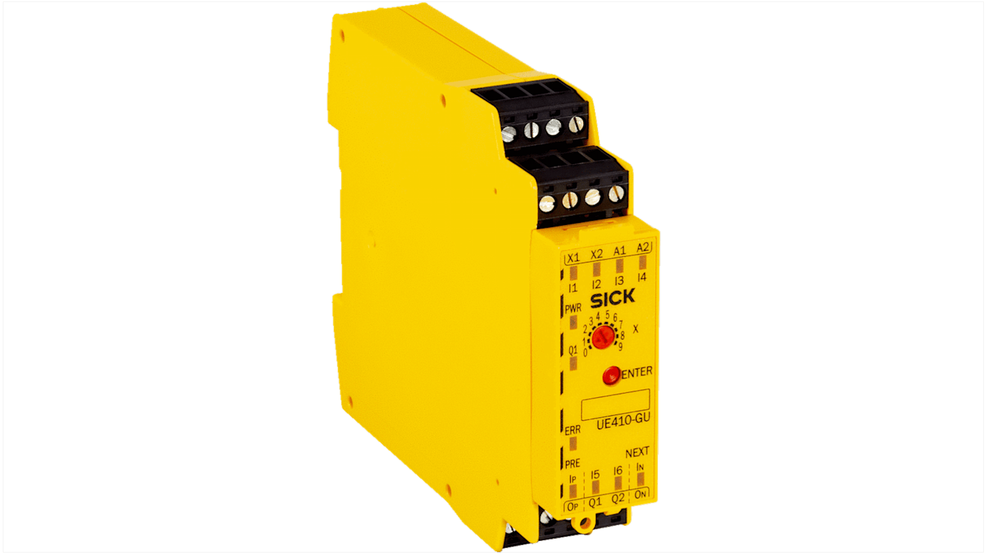 Sick UE410-GU4, controller di sicurezza modulare con 4 ingressi e 1 uscita, dimensioni 22,5 x 96,5 x 120,8 mm, alimentazione 24 V c.c.
