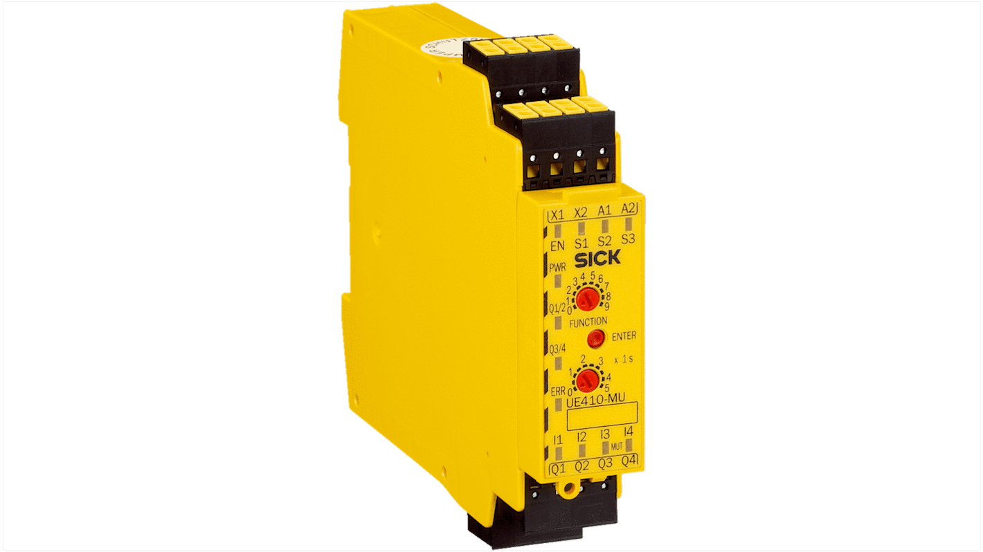 Controller di sicurezza Sick UE410-MU3T50, 4 ingressi/4 uscite, configurazione senza software, IP20/IP40, 24 V c.c., dimensioni 22,5 x 96,5 x 120,8 mm.