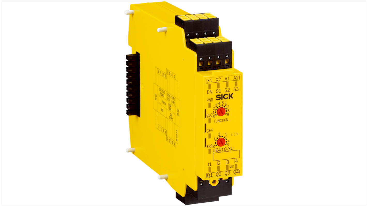 Controller di sicurezza Sick UE410-XU4T5, rivelatore I/O con 4 ingressi e 4 uscite, alimentazione 24 V c.c., dimensioni 22,5 x 96,5 x 120,8 mm.