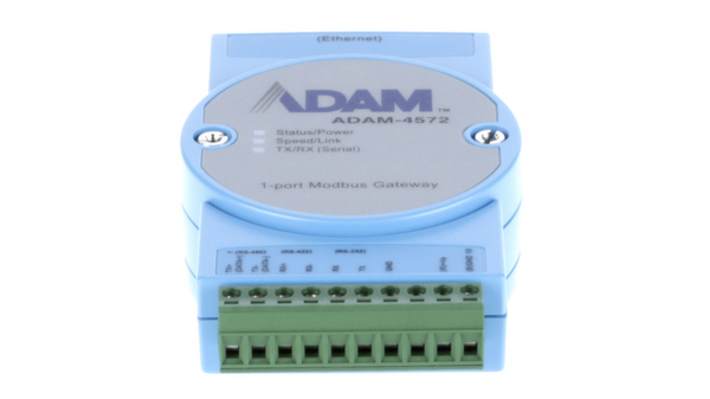 Advantech ADAM-4572, gateway Modbus a 1 porta, supporta 8 client e montaggio su guida DIN, protezione sovratensione.