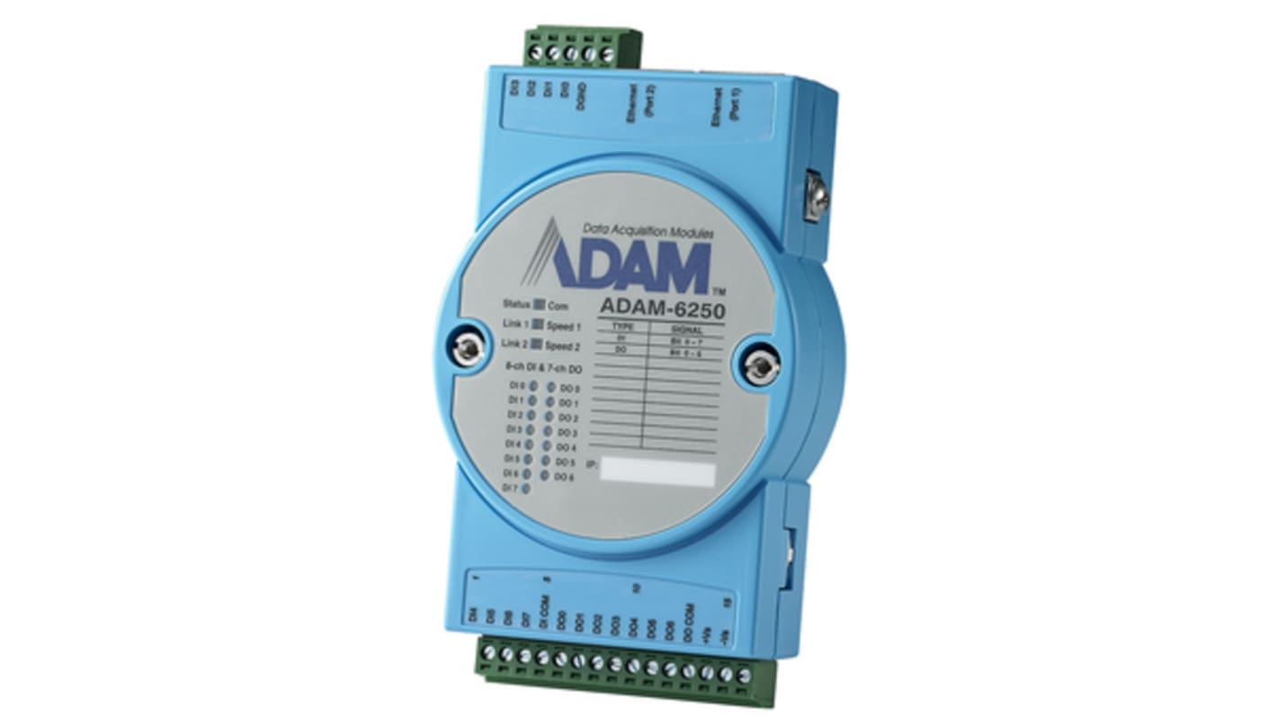 Modulo Ethernet Advantech ADAM-6250, 15 canali, supporto Modbus TCP, controllo remoto via HTML5, alimentazione 30 V.