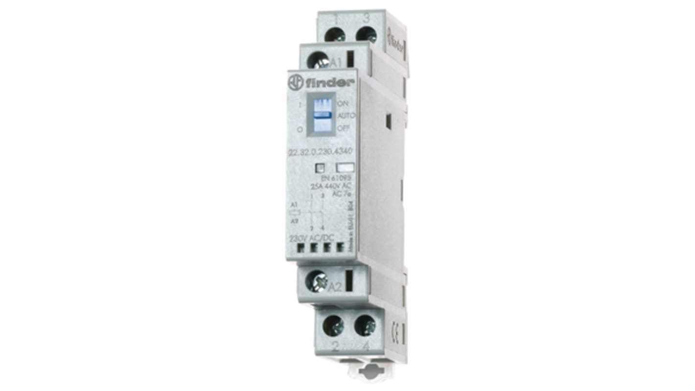 Contattore Finder 22.32.0.024.4340, 2 poli 2NO, tensione bobina 24 V, corrente 25 A, design compatto 17,5 mm.