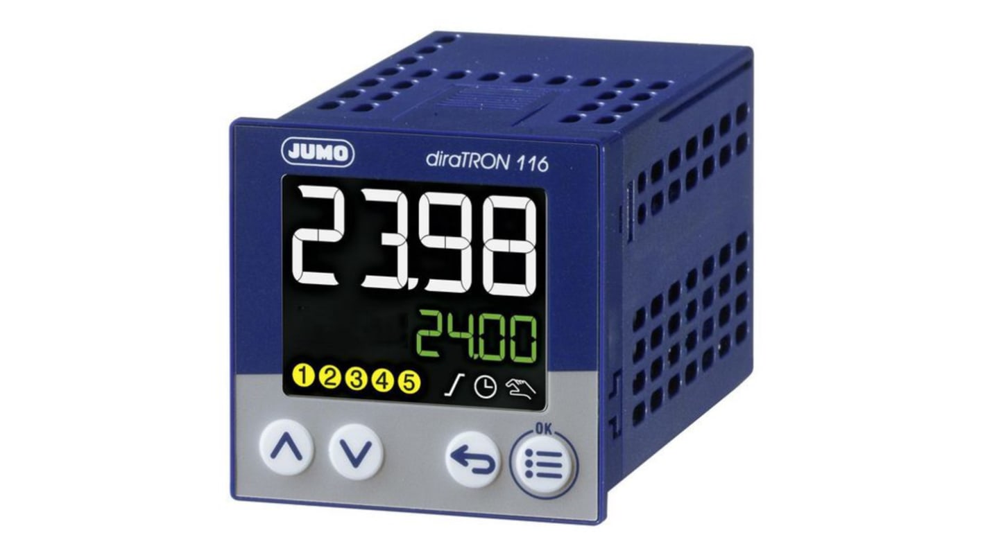 Jumo 702111/8-0000-23/000, termoregolatore PID diraTRON, montaggio a pannello, dimensioni 45 x 45 x 77.9 mm, grado di protezione IP65.