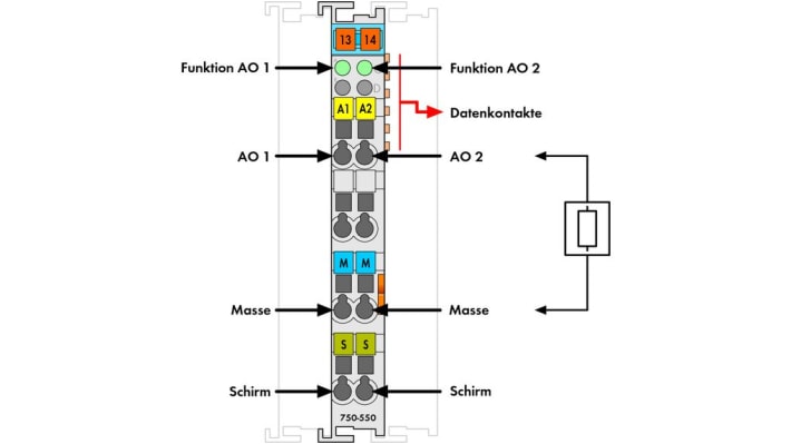 Modulo di ingresso analogico Wago 750-550, 2 ingressi, tensione di uscita 0-10 V, risoluzione 12 bit, alimentazione 24 V.
