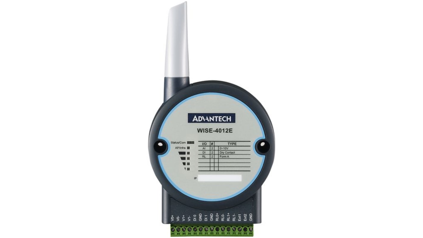 Modulo I/O Advantech WISE-4012E-AE-WA per applicazioni IoT, con WLAN 2,4 GHz e supporto Modbus/TCP.