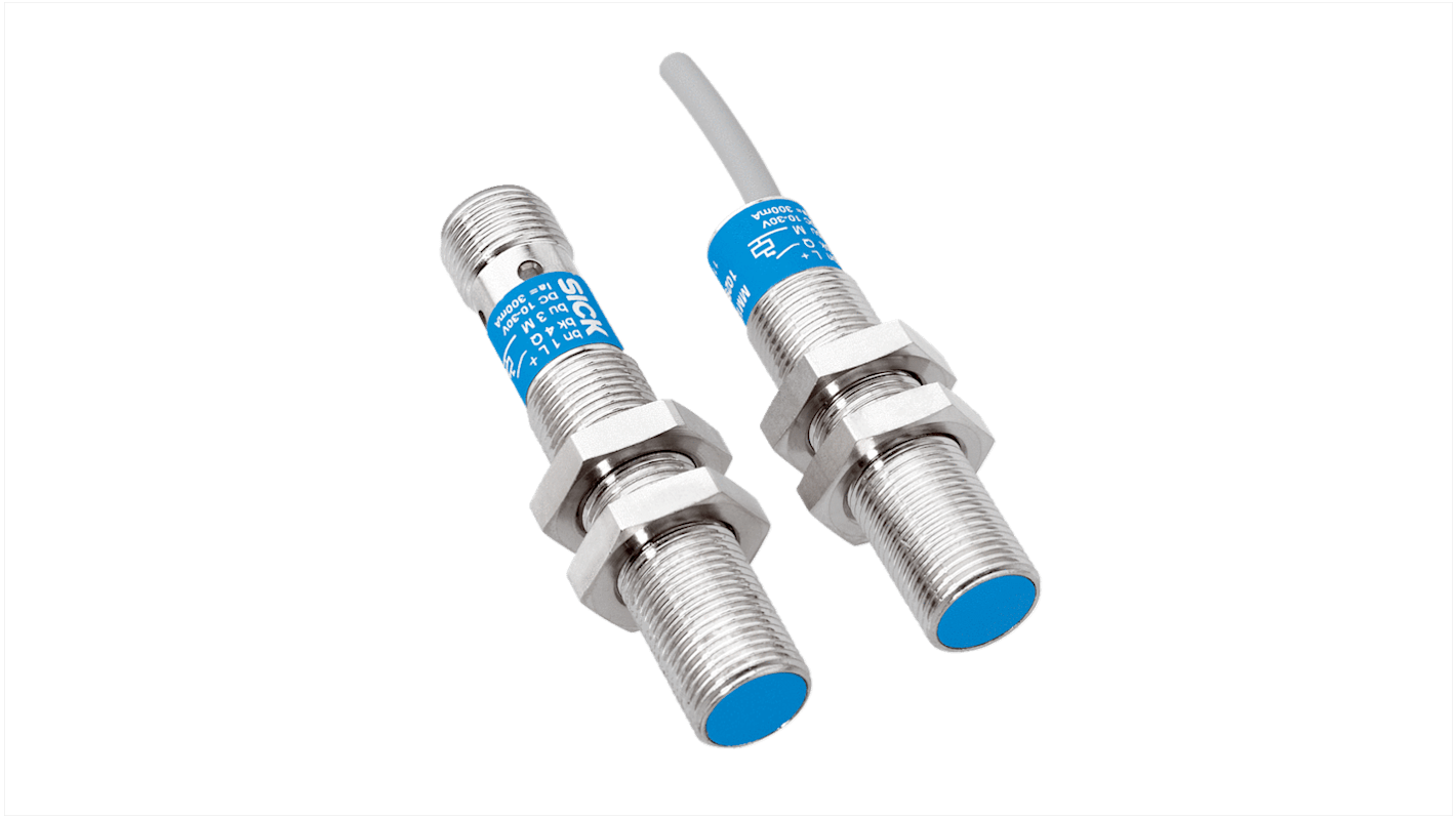 Sensore di prossimità magnetico cilindrico Sick MM12-90APS-ZC0, 3 fili, IP 67, rilevamento fino a 30V, dimensioni 62.5 mm.