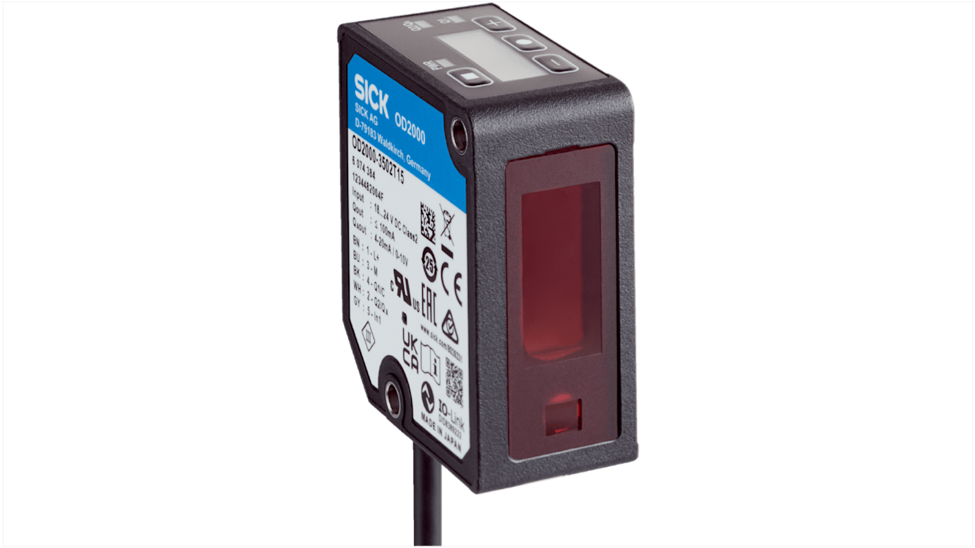 Sensore di distanza rettangolare Sick OD2000-7002T15, rilevamento 200-1200 mm, uscita PNP/NPN, connettore M12, IP67.