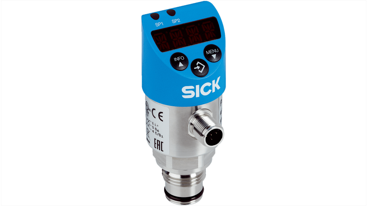 Pressostato Relativa Sick PBS2-RB400SF2FSDNMA0Z, 400 bar, uscita PNP/NPN, IP67, acciaio inox, connettore M12.