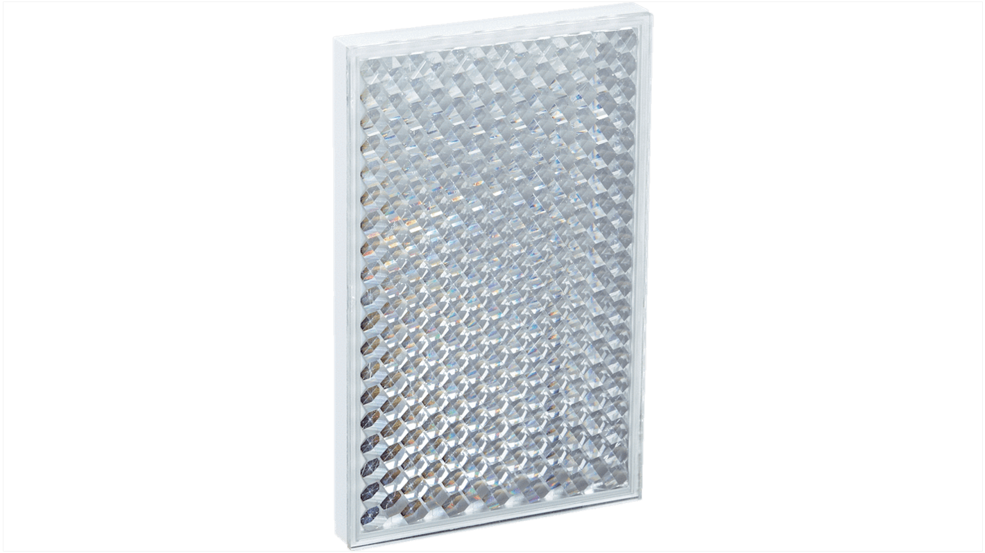 Sensore di prossimità induttivo Sick PL81 con riflettore autoadesivo rettangolare, dimensioni 50 mm x 80 mm, montaggio semplice.
