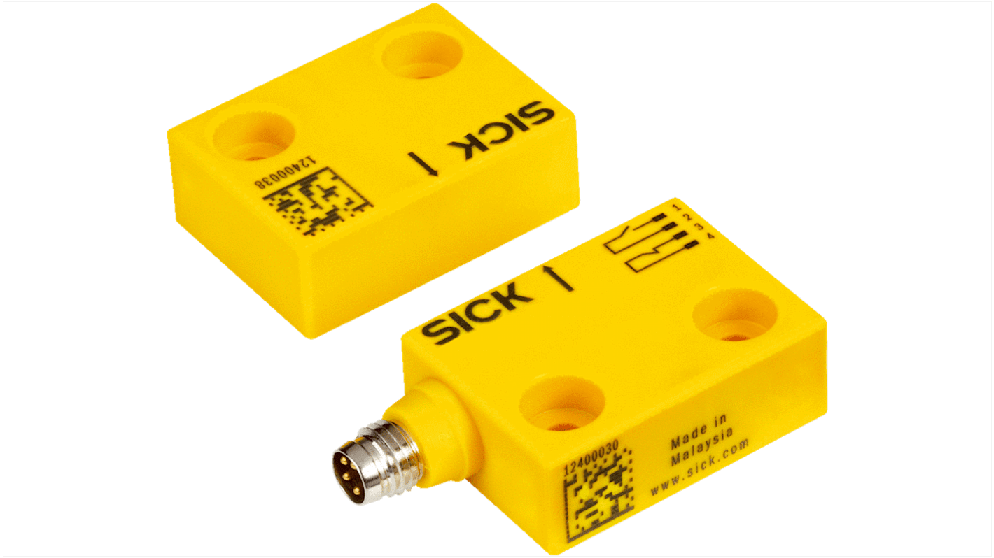 Interruttore di interblocco di sicurezza Sick RE15-SAC, IP67, contatti 1NC/1NA, dimensioni 26 x 36 x 13 mm, per monitoraggio porte di sicurezza.