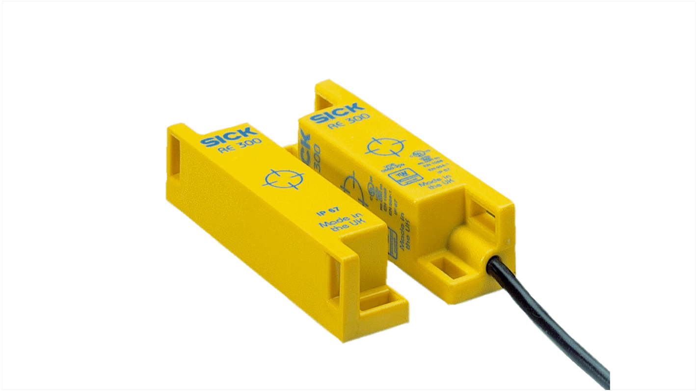 Interruttore di interblocco di sicurezza Sick RE300-DA10P, contatti 1NA/1NC, grado di protezione IP67, dimensioni 19 x 82 x 19 mm.