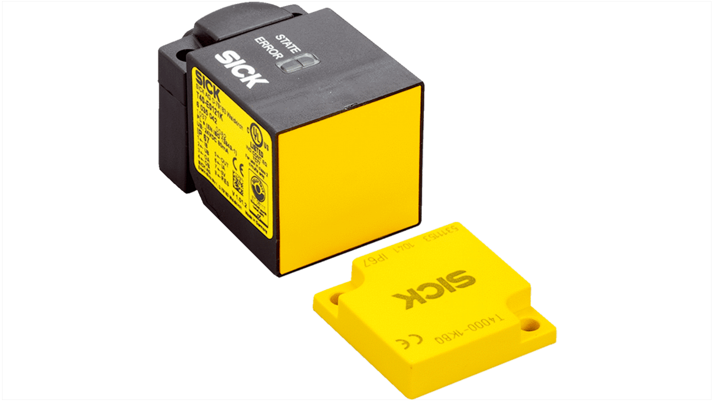 Interruttore di interblocco di sicurezza Sick T40, IP67, 24V cc, 0,4A, dimensioni 40x57x40mm, attuatore incluso, LED di stato.