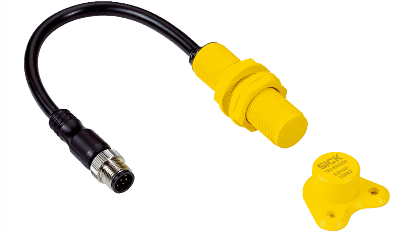 Interruttore di interblocco di sicurezza Sick TR4, grado di protezione IP67/IP69K, tensione 24V cc, corrente 200mA, campo di risposta 25 mm.