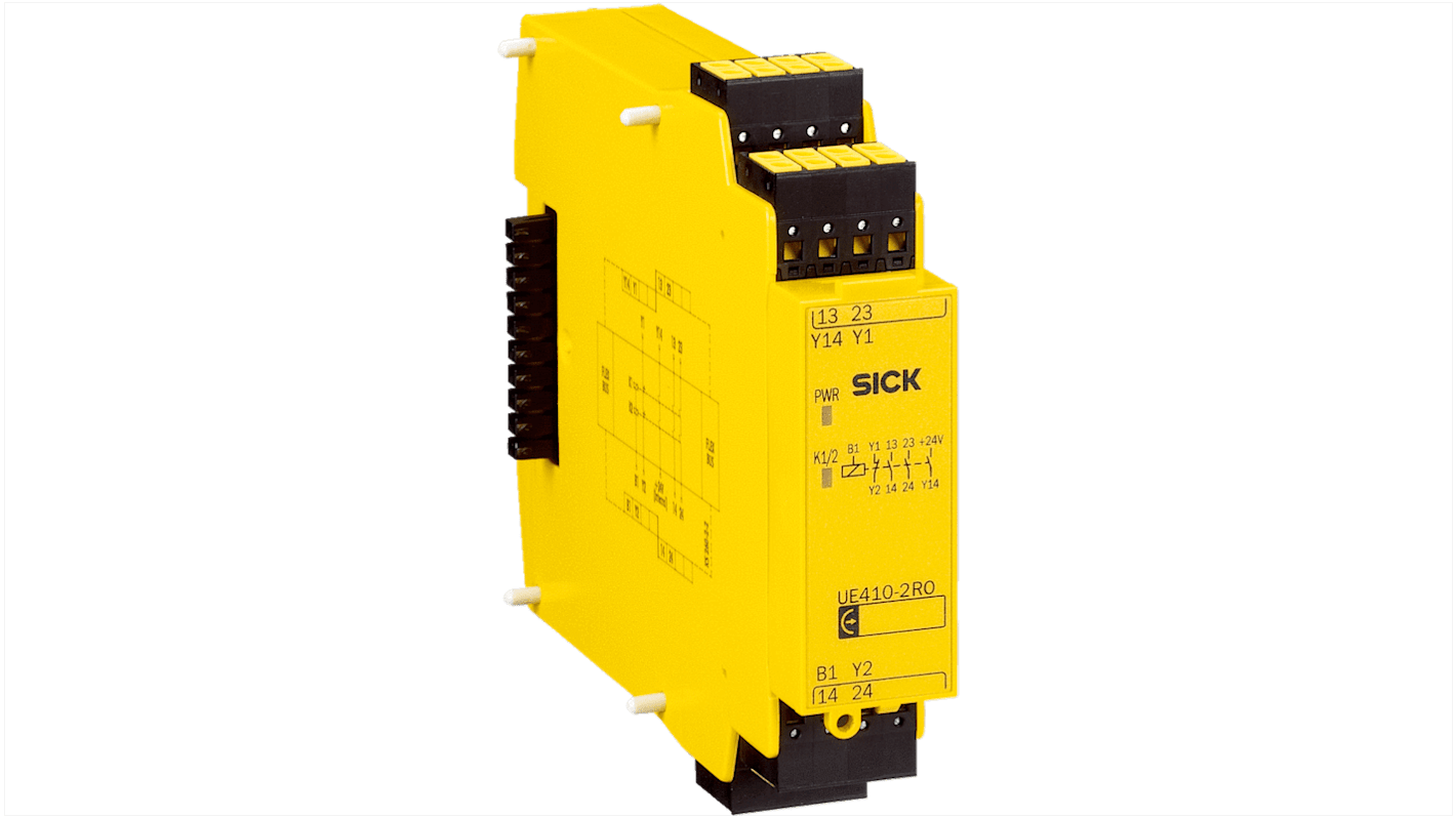 Controller di sicurezza Sick UE410-2RO4, modulare, 18-30 V CC, IP20/IP40, 22,5 x 96,5 x 120,8 mm, con interruttore rotante.