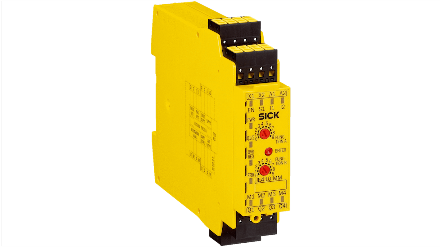 Controller di sicurezza Sick UE410-MM4, modulare, 2 ingressi/uscite, 24 V c.c., IP20/IP40, dimensioni 22,5 x 96,5 x 120,8 mm.