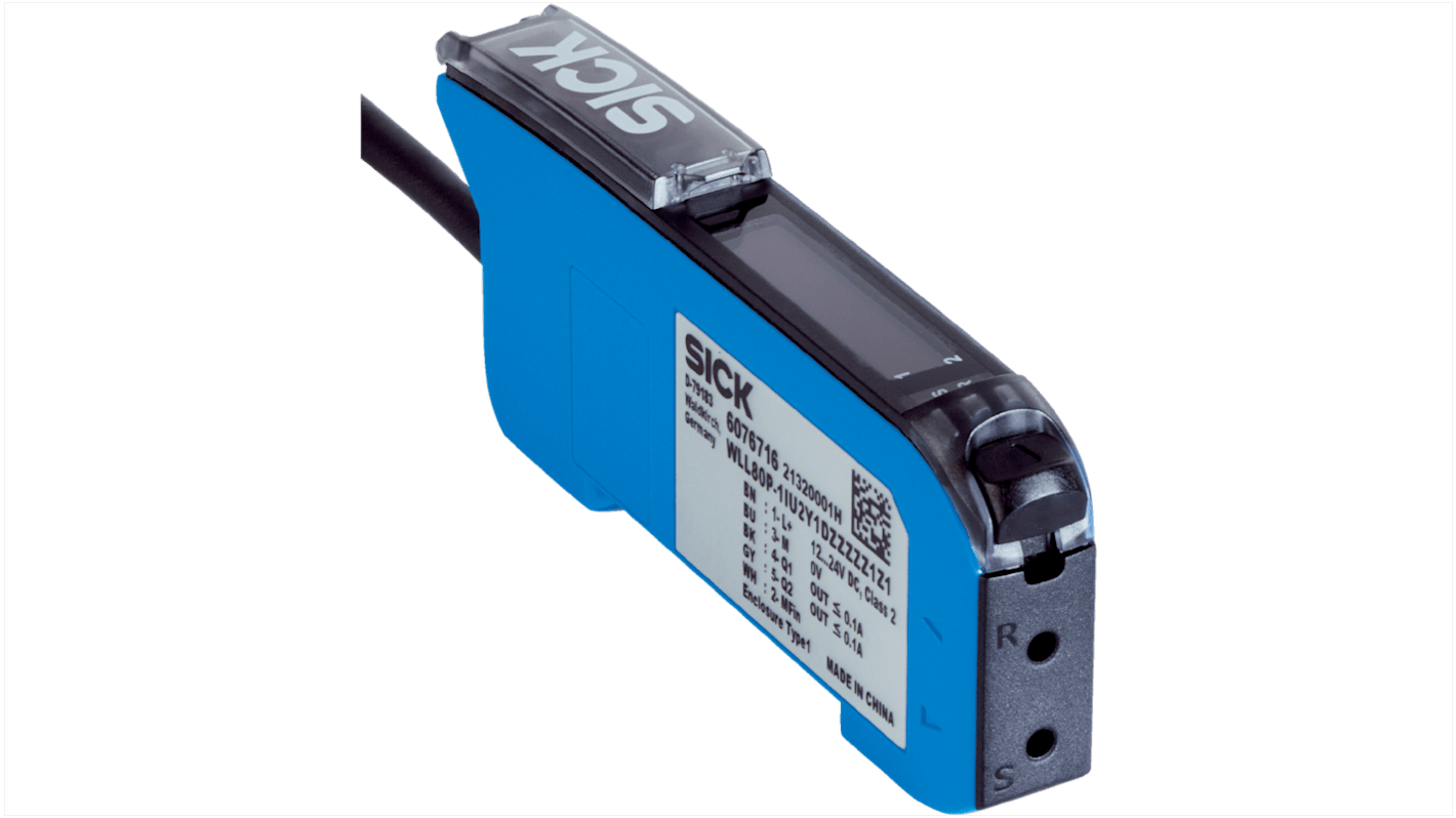 Sensore per fibre ottiche Sick WLL80P-1HT6Y1DZA71Z1Z1, PNP/NPN, cavo, IP54, 12-30 V c.c., dimensioni 10,5 x 33,2 x 79,9 mm.