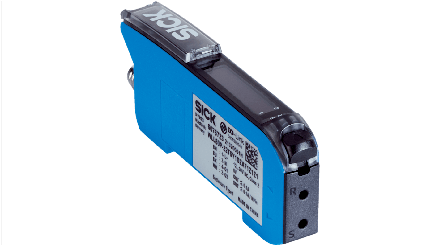 Sensore per fibre ottiche Sick WLL80P-22T6Y1DZA71Z1Z1, PNP/NPN, con connettore M8, alimentazione 12-30 V c.c., IP54. Dimensioni 10,5 x 33,2 x 79,9 mm.
