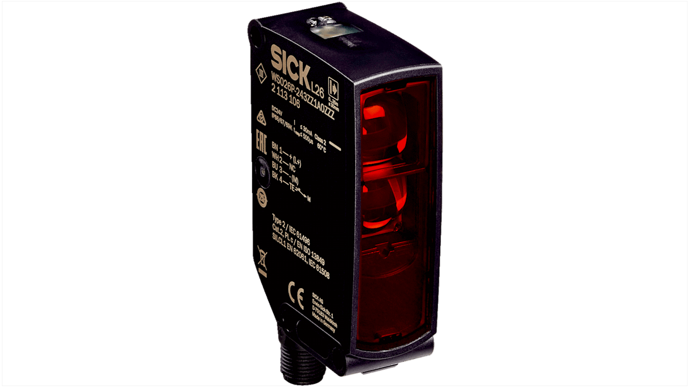 Barriera fotoelettrica Sick WSO26P-243ZZ1A0ZZZZLLZZZZZZZZ1, trasmettitore di sicurezza, distanza di rilevamento 50 m, IP66/IP67/IP69K. Dimensioni 26,4 x 48,1 x 82,2 mm.