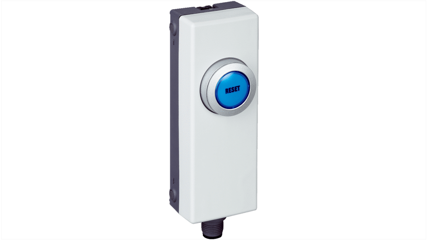 Interruttore di controllo Sick ER12-SB3C5, 1NO, IP65, con pulsante blu illuminabile, dimensioni 123x40x36mm, montaggio rapido.