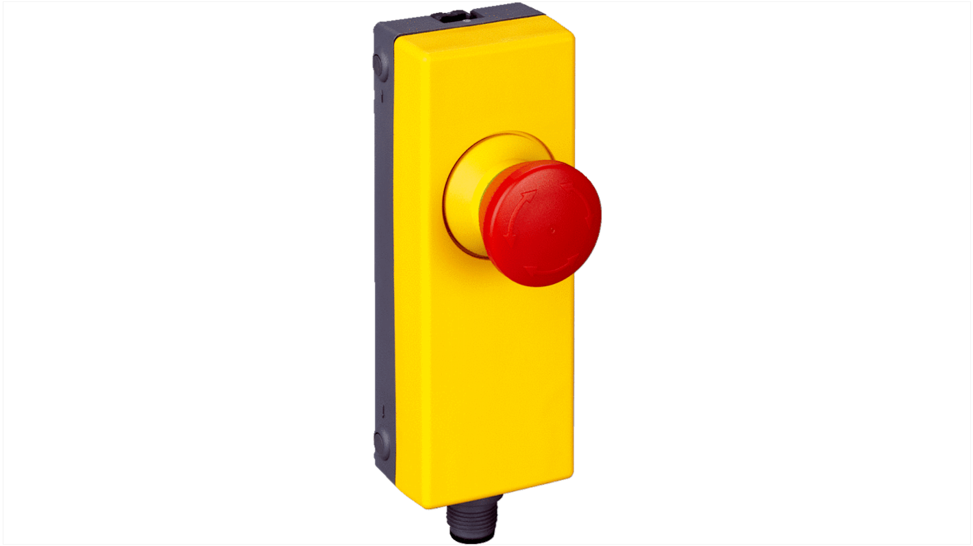 Pulsante di arresto di emergenza Sick ES11-SA1A4, montaggio a pannello, diametro 22mm, protezione IP65, 24V cc, 2A. Disponibile in nero, rosso e giallo.