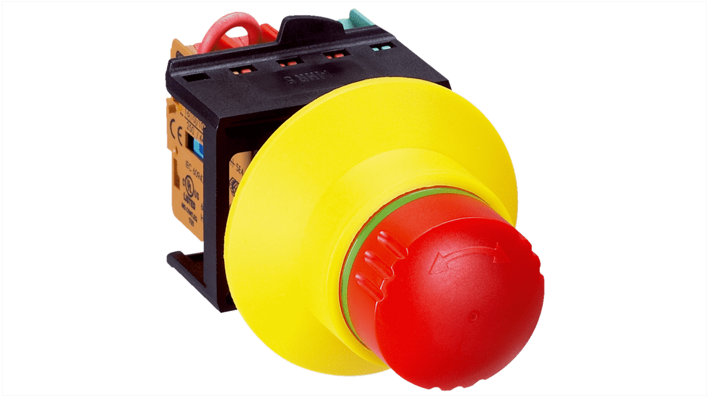 Pulsante di arresto di emergenza Sick ES21-SB10G1, montaggio a pannello, diametro foro 22mm, protezione IP65, attuazione a pulsante.