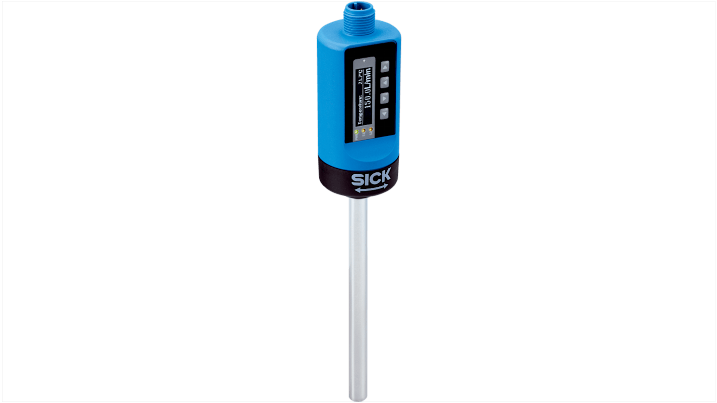 Sensore di flusso Sick FTS-I100F14B per liquidi, misura flusso 3-600 cm/s, alimentazione 9-30 V c.c., grado di protezione IP 67/IP 69.