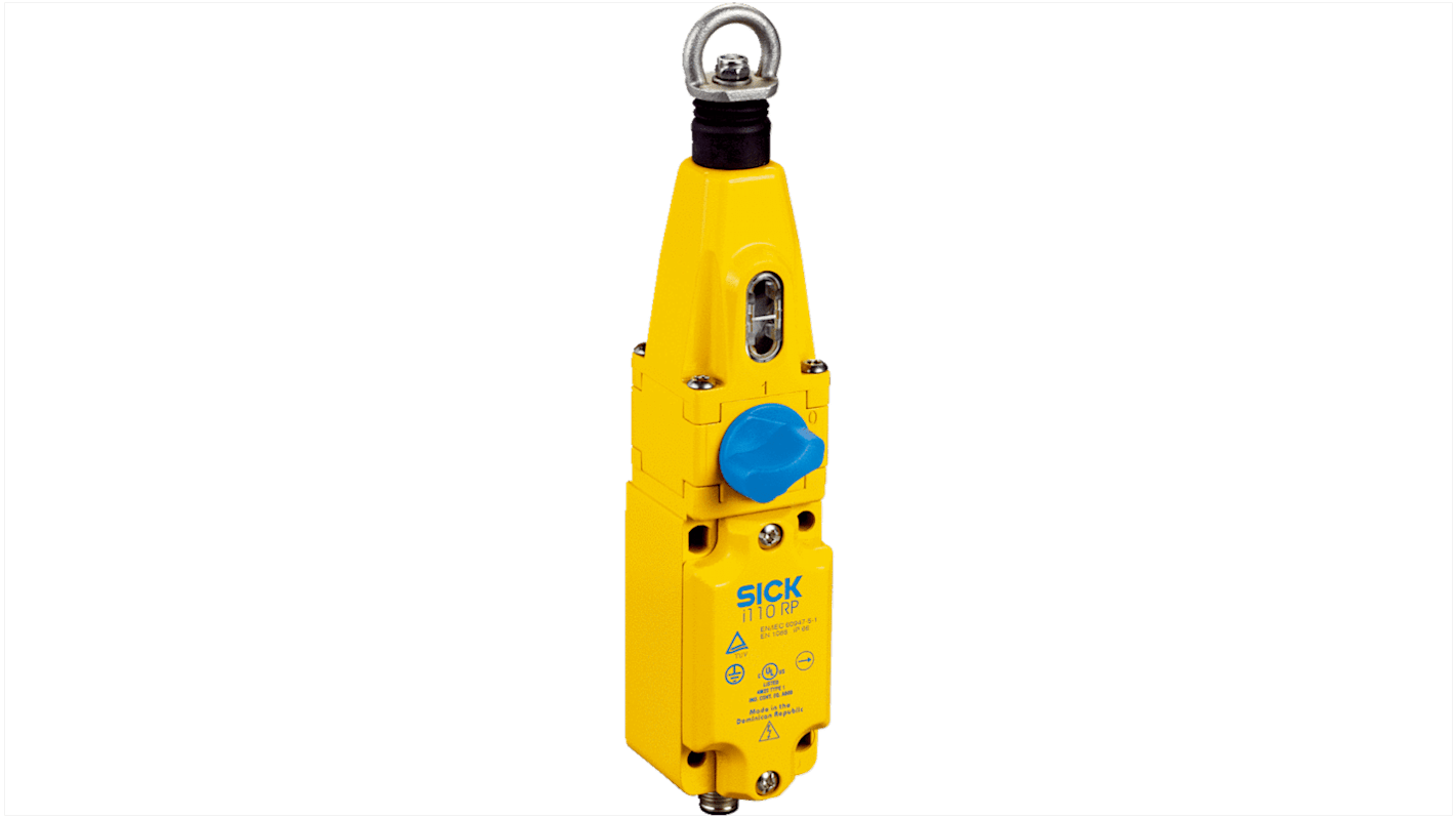 Interruttore di interblocco di sicurezza Sick i110-RP224, 2NC, custodia in zinco, IP66, dimensioni 40 x 204 x 56 mm, per arresto di emergenza.