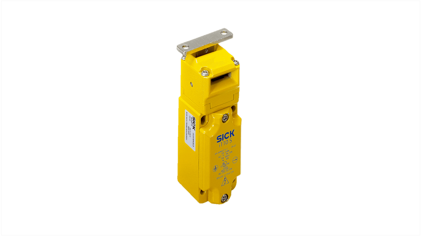 Interruttore di interblocco di sicurezza Sick i110-SA223, 2NC/2NO, IP67, custodia in zinco, dimensioni 116.5 x 43 x 40 mm.