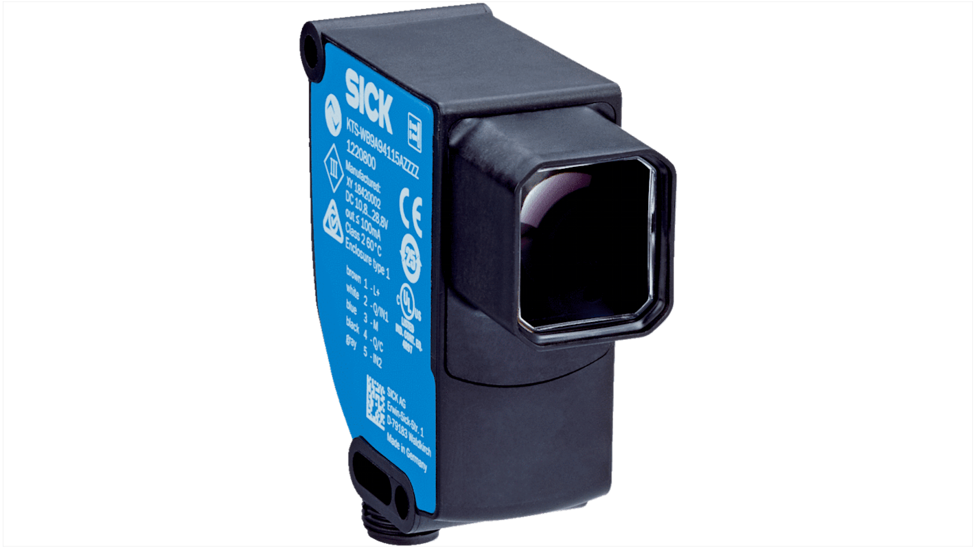 Sensore di contrasto LED Sick KTS-WB9A94115AZZZ, tecnologia RGB, gamma di rilevamento 150 mm, grado di protezione IP67.
