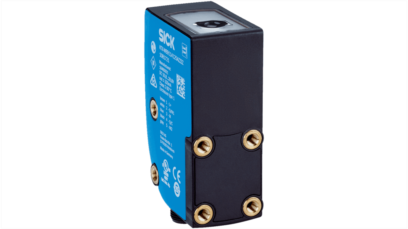 Sensore di contrasto LED Sick KTX-WS91142242ZZZZ, tecnologia TwinEye, rilevamento 13 mm, uscita NPN/PNP, grado di protezione IP67.