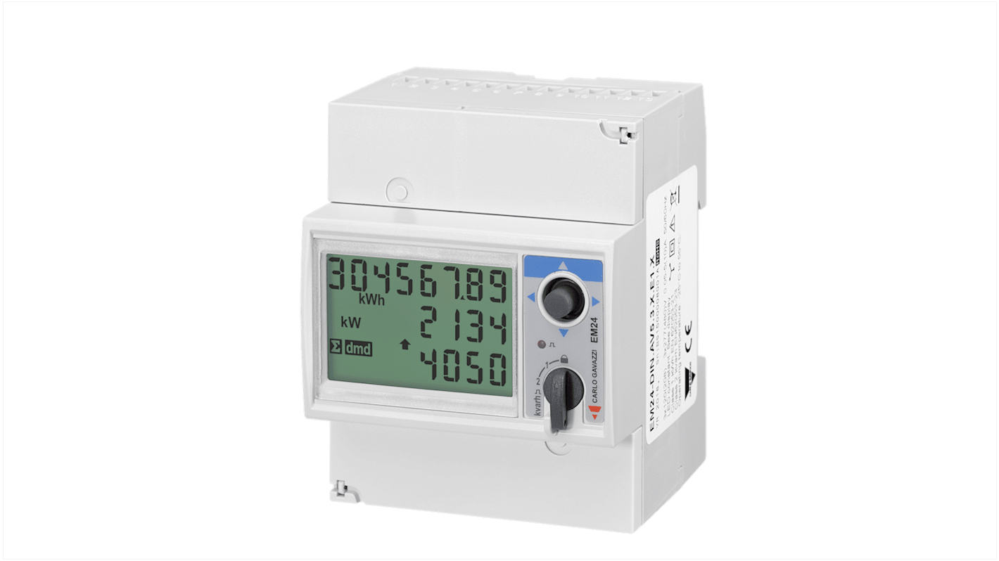 Contatore di energia Carlo Gavazzi EM24DINAV53DO2X, 3 fasi, display LCD per misurazioni precise in ambito industriale.