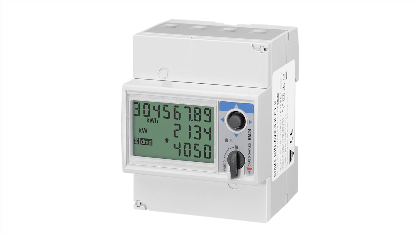 Contatore di energia Carlo Gavazzi EM24DINAV93XO2X, 3 fasi, display LCD per misurazioni precise in ambito industriale.