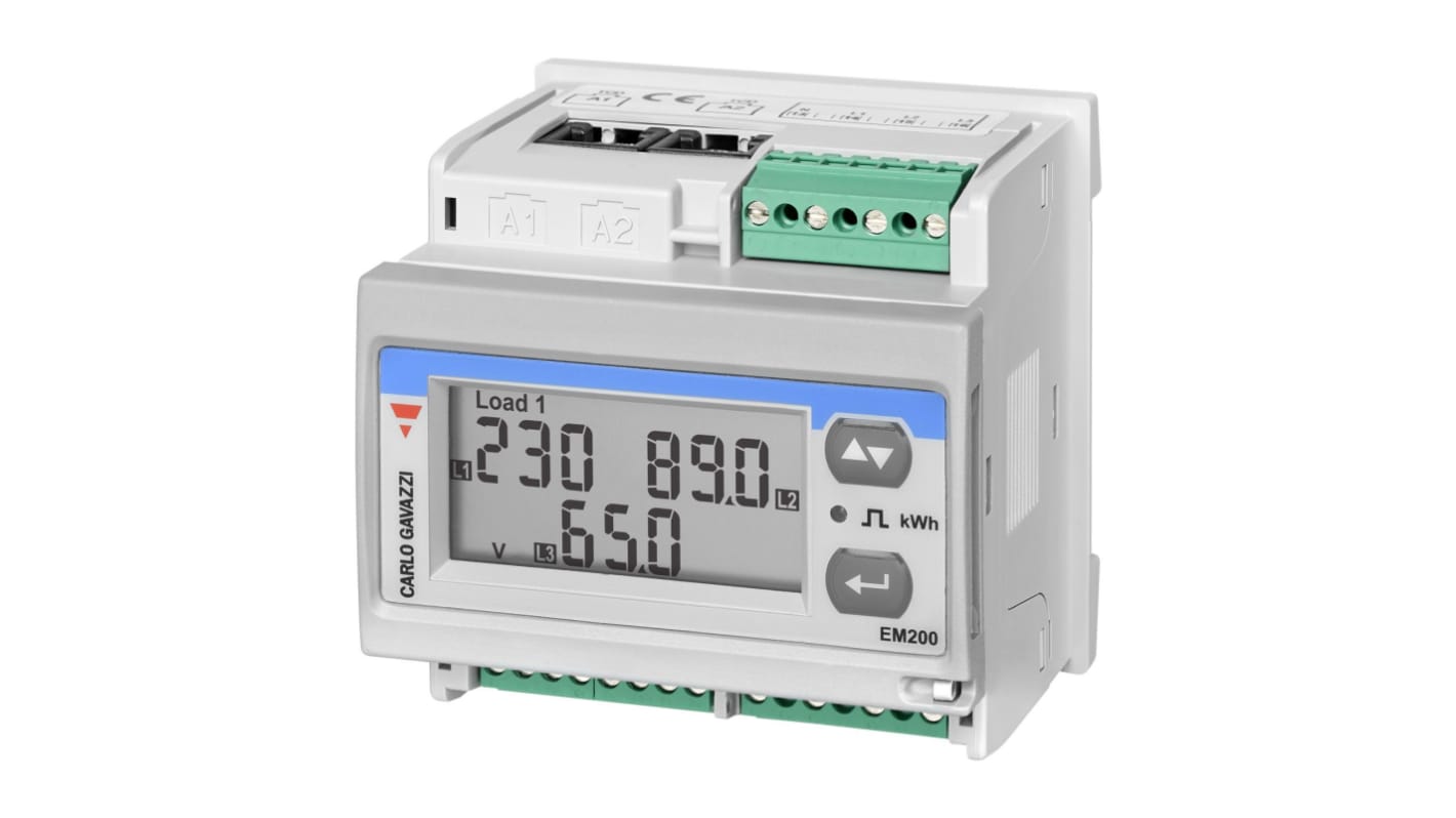 Contatore di energia 3 fasi Carlo Gavazzi EM27172DMV53X2SX, display LCD, foro 68x68 mm, per misurazione elettrica.