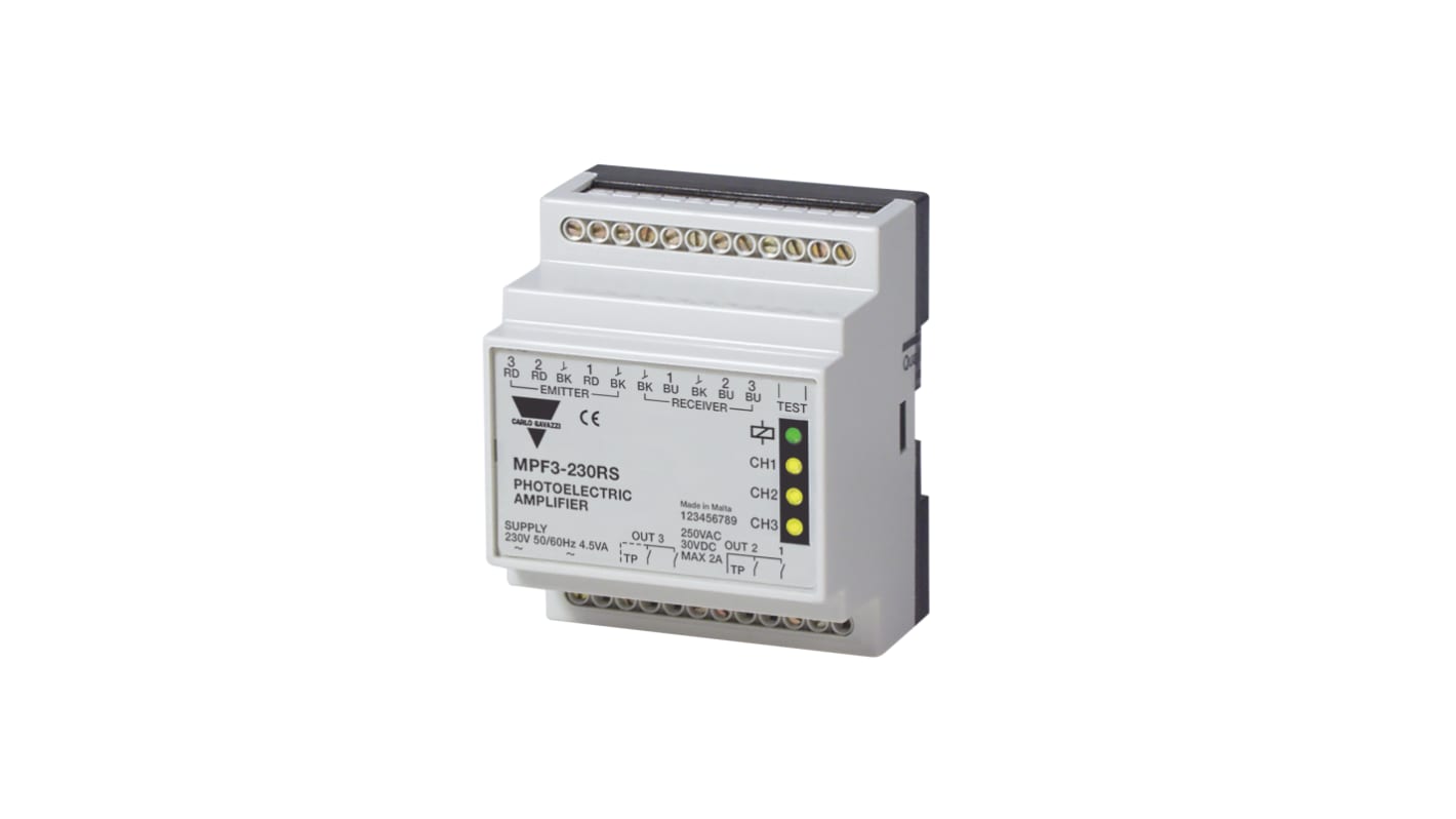 Sensore fotoelettrico rettangolare Carlo Gavazzi MPF3-230RS, portata 15 m, montaggio "Snap-ON", uscita relè, luce infrarossa modulata.