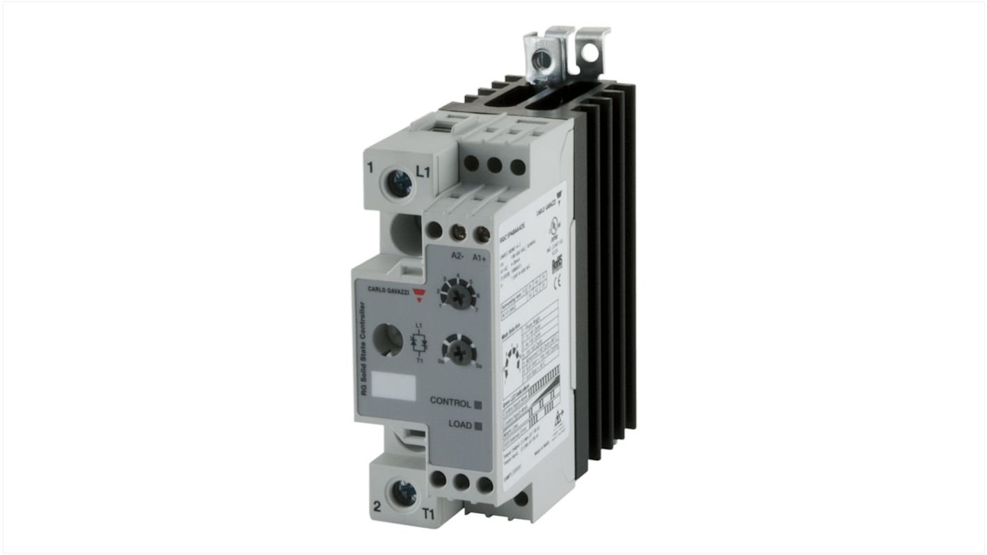 Contattore Carlo Gavazzi RGC1P48AA42E, 1 polo, 43 A, 550 V CA, con protezione sovratensioni e cablaggio rapido.