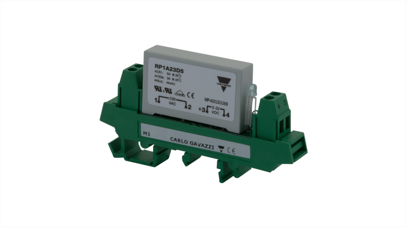 Relè a stato solido Carlo Gavazzi RP1A23D6M1 per montaggio su PCB, 5,5 A CA, 265 V, design con incapsulamento flessibile.