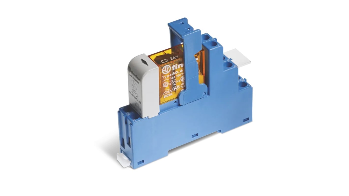 Finder 48.61.7.024.1050SPA, relè elettromeccanico SPDT per guida DIN, 24V, 16A, montaggio su guida DIN, con indicazione stato alimentazione.