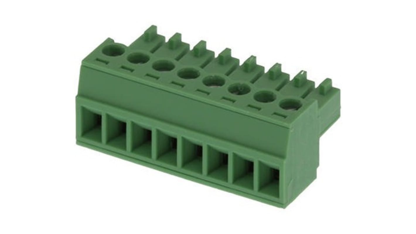 Molex 395005008, connettore maschio Euro Plug RA 3.5MM, 8 circuiti, alloggiamento verde, design compatto per installazione efficiente.